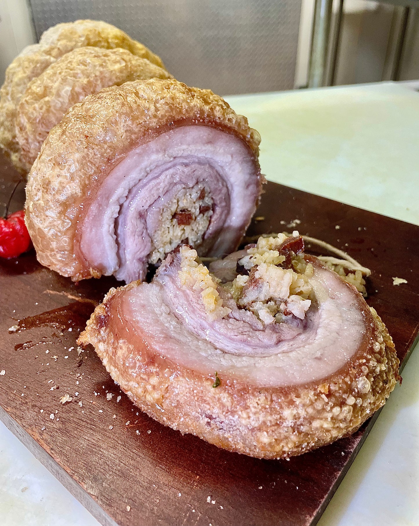 Pork Belly o Pancetta de cerdo rellena de arroz con chorrizo