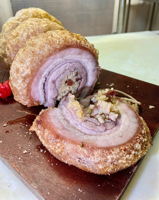 Pork Belly o Pancetta de cerdo rellena de arroz con chorrizo